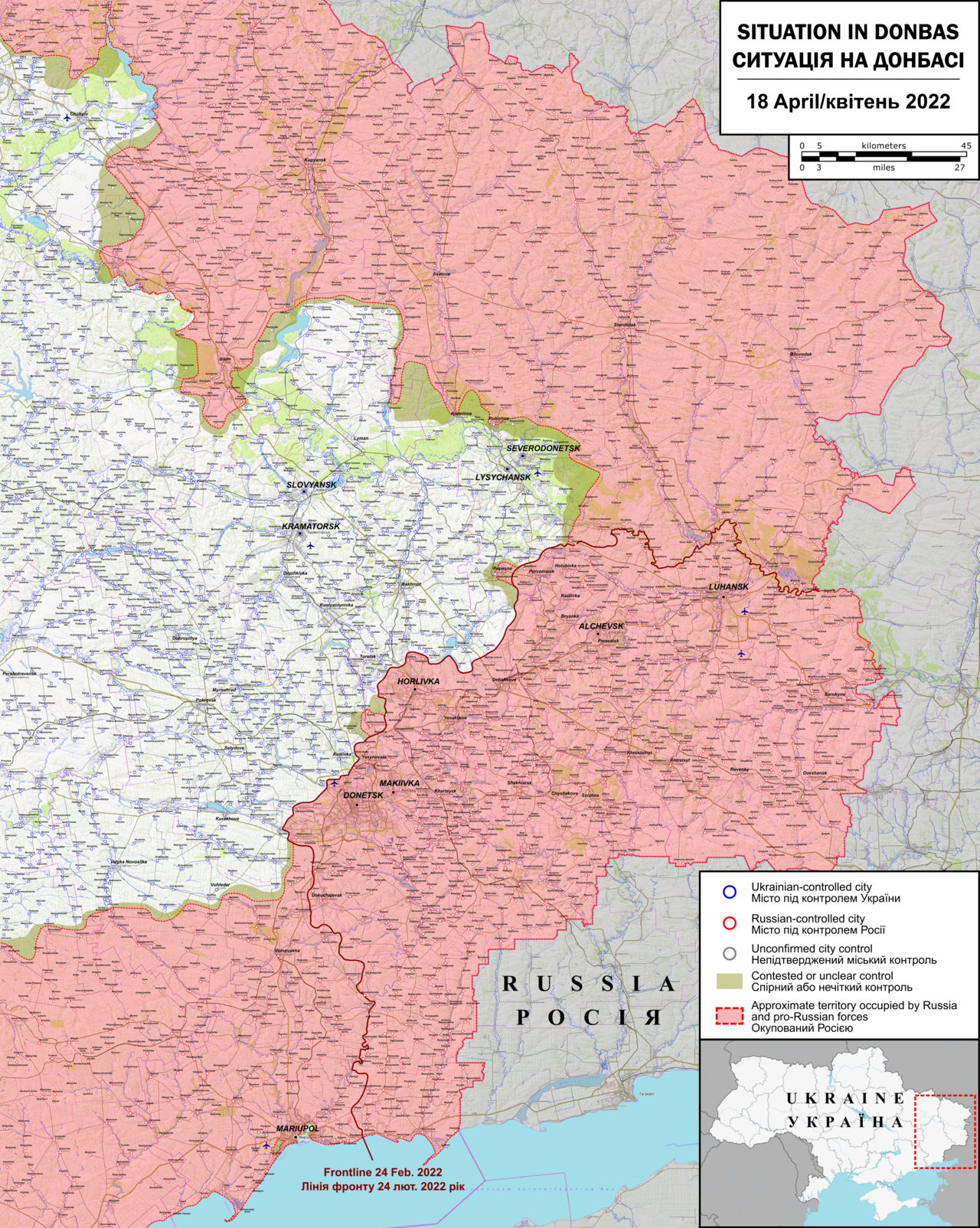Map of the situation in Donbas as of 18 April 2022.