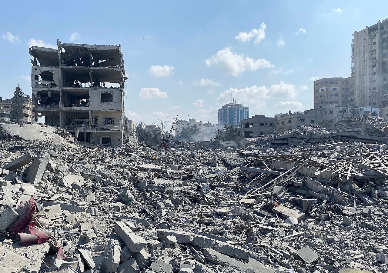Residential buildings damaged by Israeli airstrike in Gaza City.