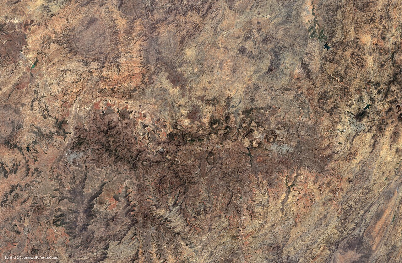 Satellite image of Ethiopia's Northern Highlands near the Eritrean border, showing the terrain of Axum and Adwa.