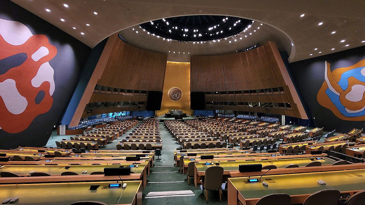 The United Nations General Assembly hall at UN Headquarters in New York.