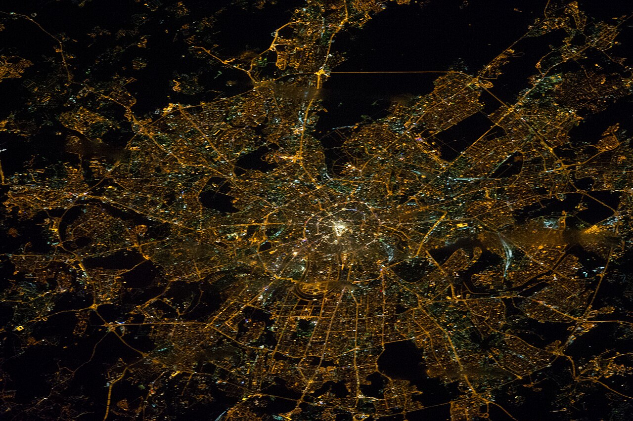 Moscow's nighttime cityscape from space.