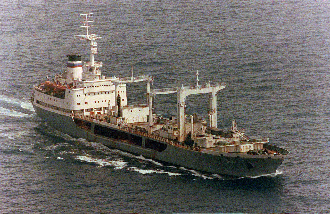 The Russian Boris Chilikin-class replenishment oiler DNESTR underway at sea.