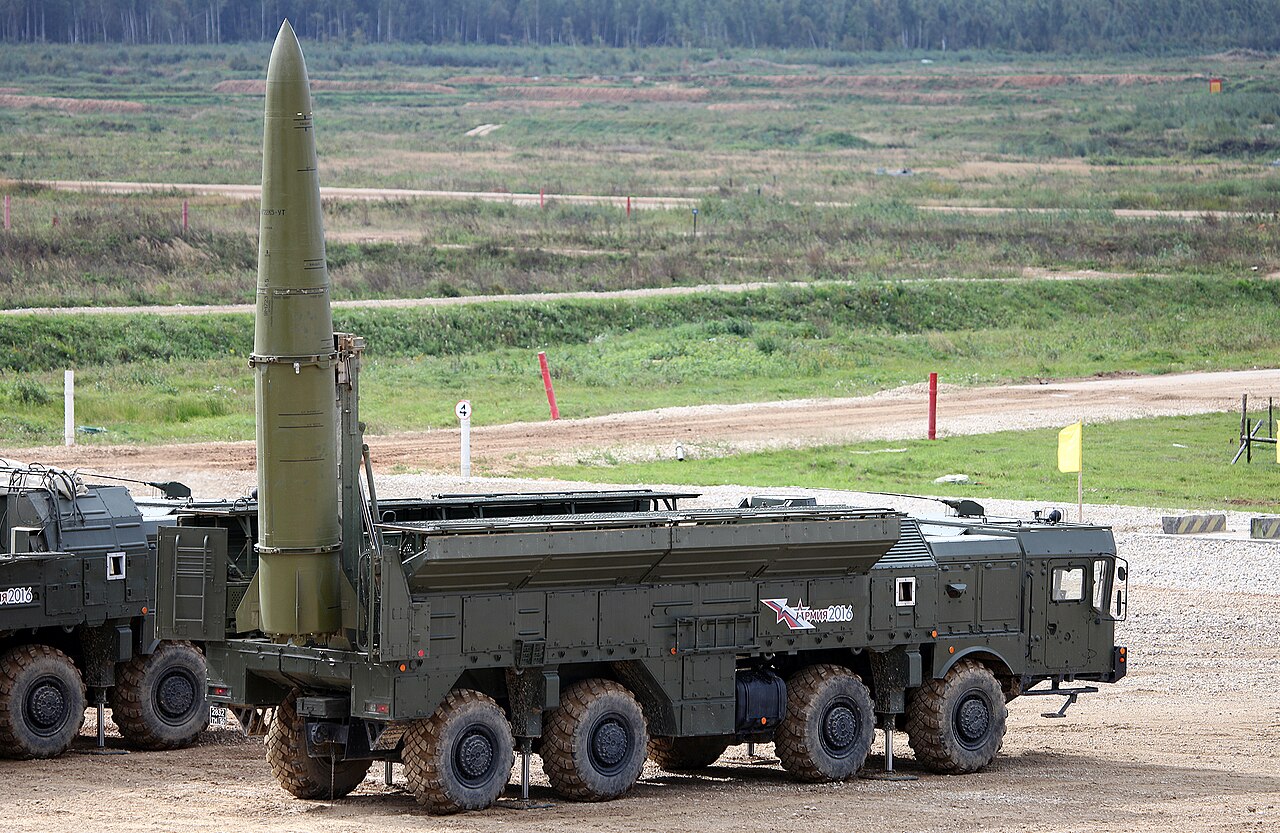 Iskander-M self-propelled launcher with missiles on display