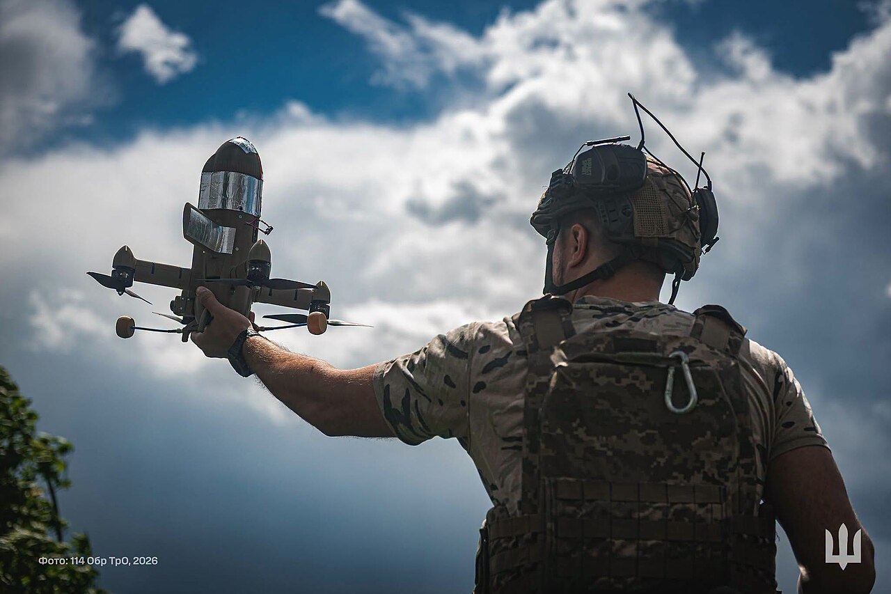 Soldier launching a Sting interceptor drone.