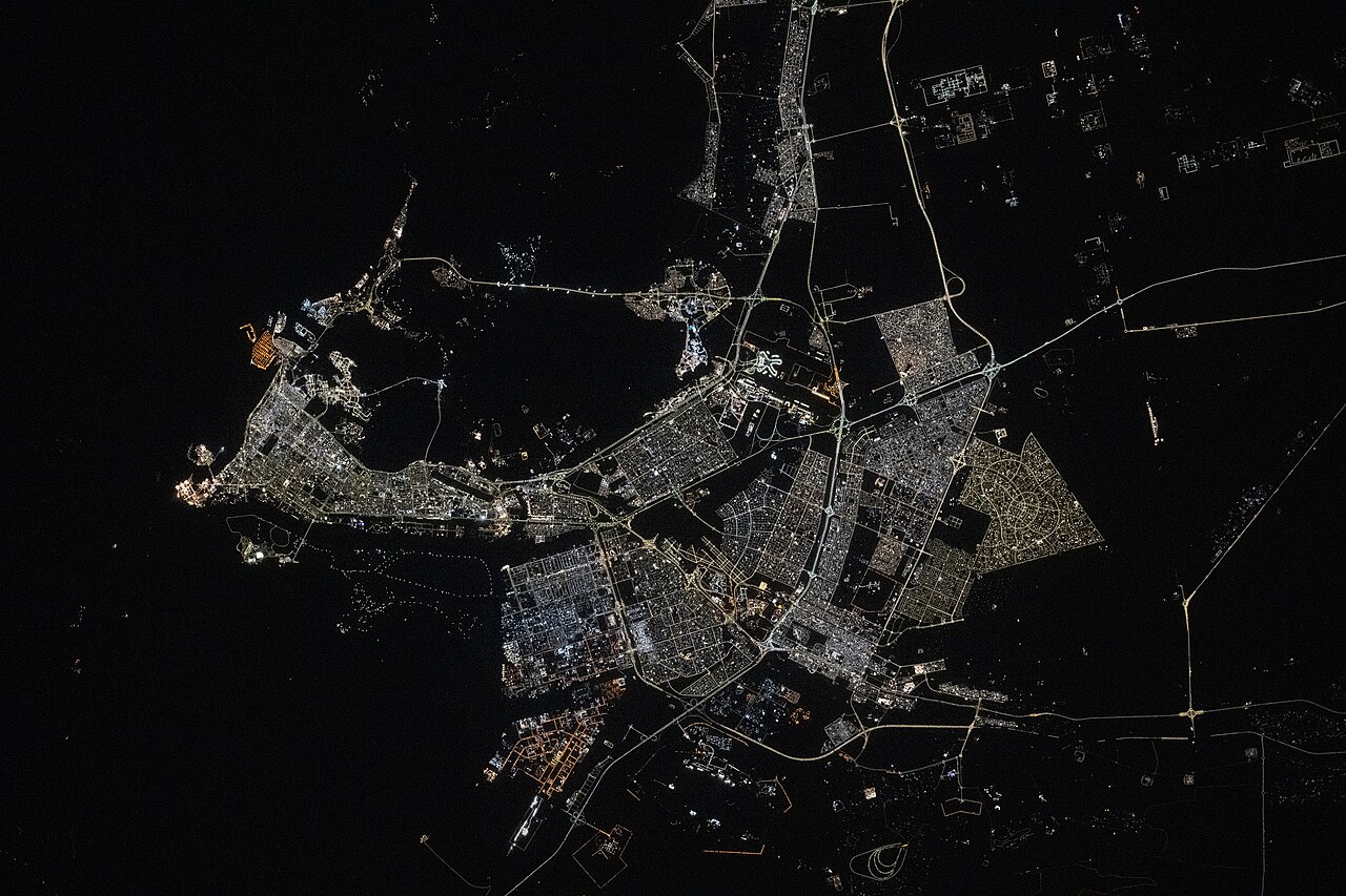 Abu Dhabi, the capital of the United Arab Emirates, pictured at night from the International Space Station.
