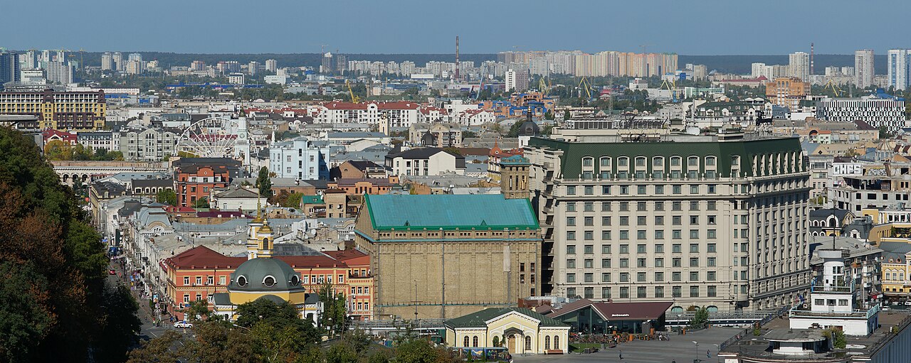 A panoramic view of the Podil district in Kyiv from Khreshchaty Park.