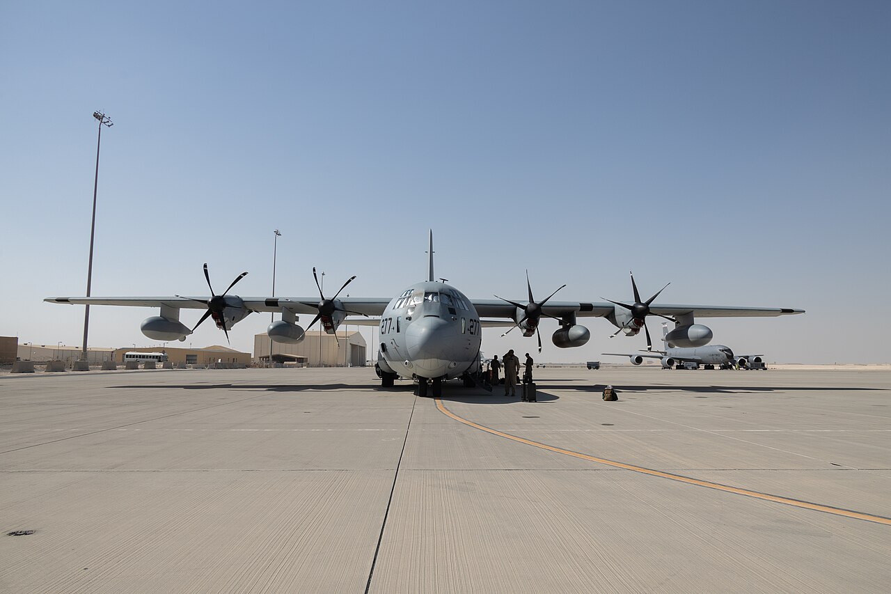 A U.S. Marine Corps KC-130J Super Hercules lands at Al Udeid Air Force Base, Qatar.