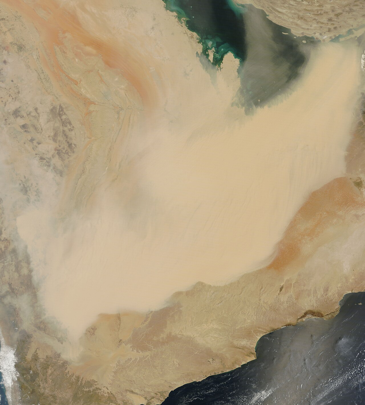 A wall of dust near the Saudi Arabia-Yemen border, modified satellite image