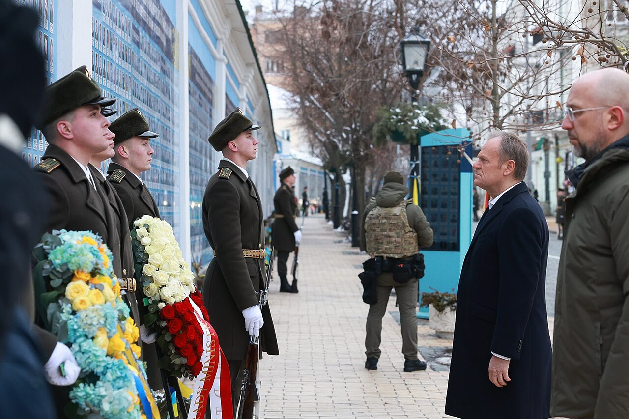 The Prime Ministers of Poland and Ukraine pay tribute to those killed in the war with Russia.