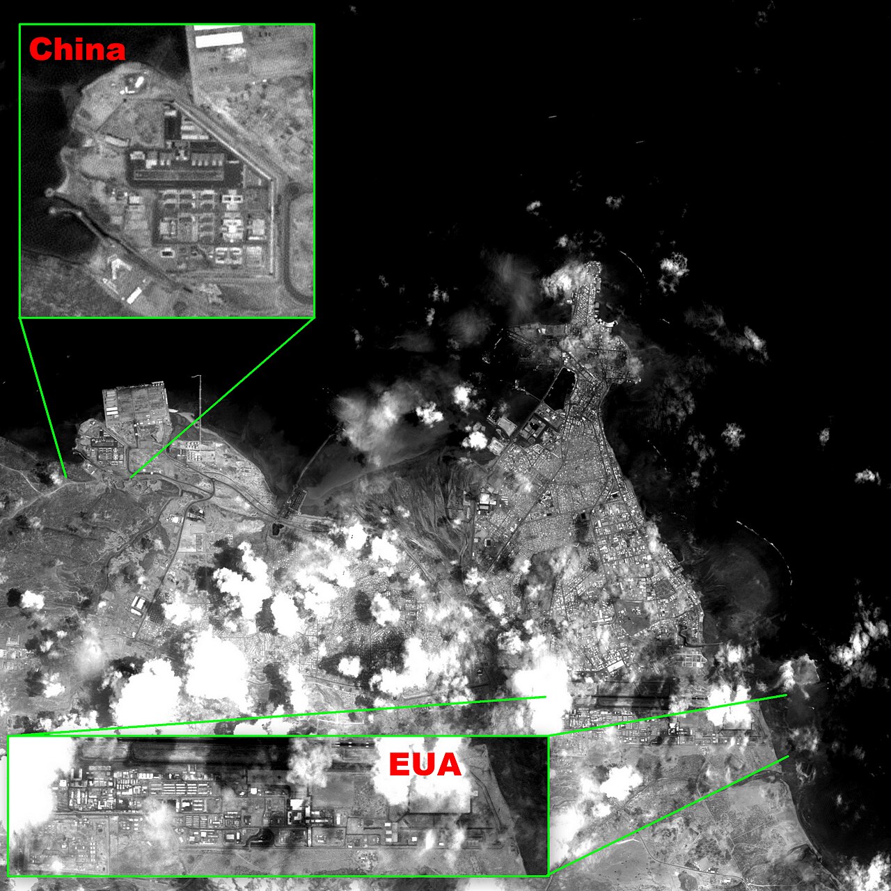 Satellite imagery showing Djibouti City and the surrounding area near the Bab-el-Mandeb Strait.