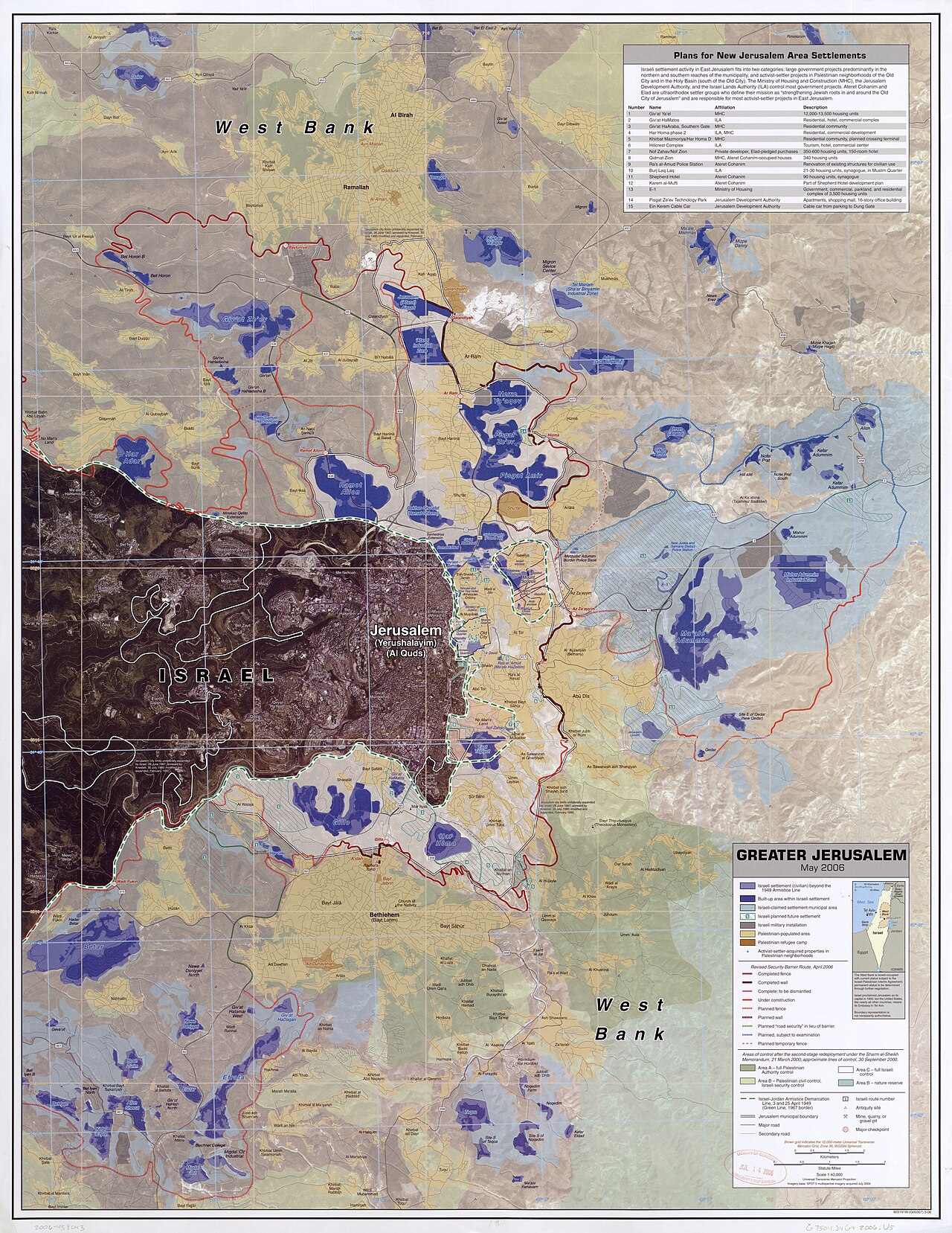 Modified CIA imagery showing Greater Jerusalem with settlements, refugee camps, fences and walls.