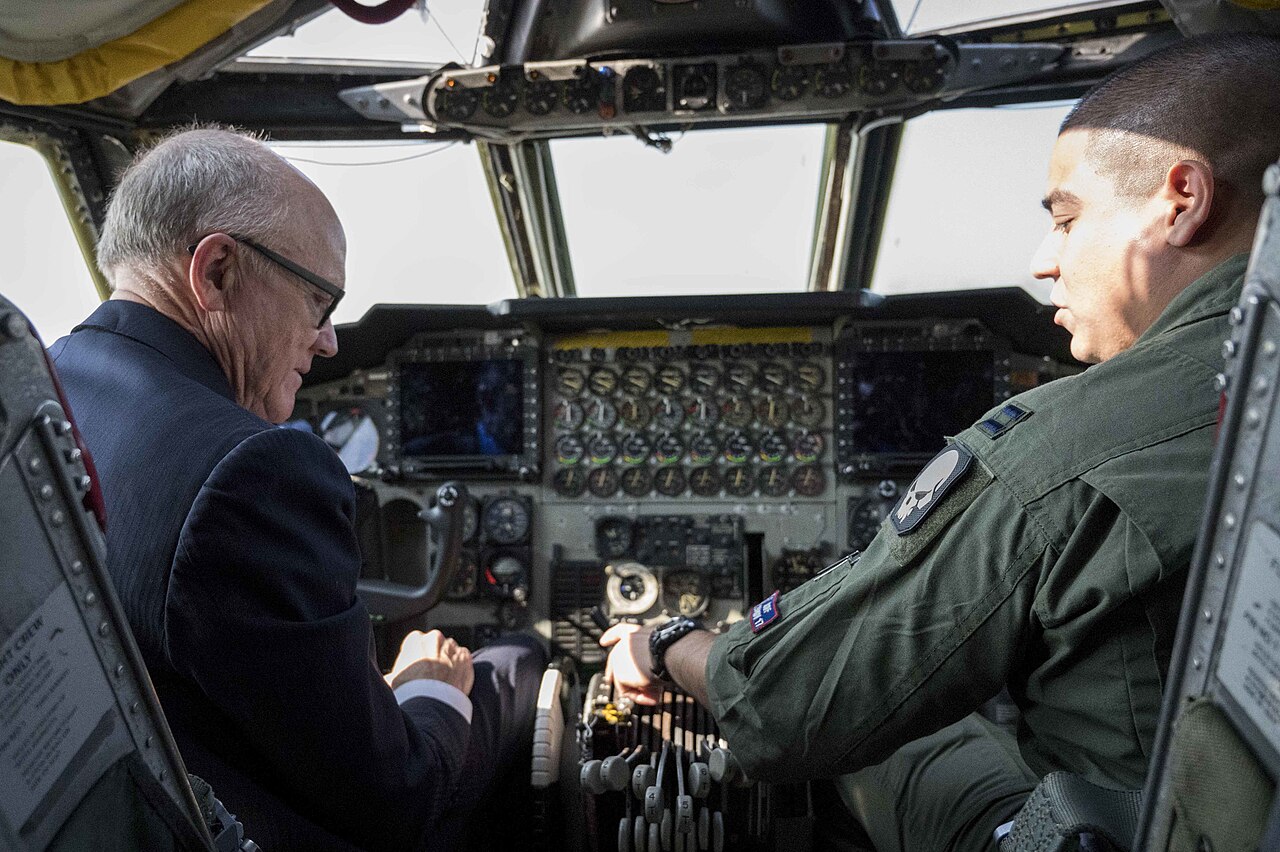 The U.S. Ambassador to the U.K. visits the cockpit of a B-52 Stratofortress at RAF Fairford in 2019.