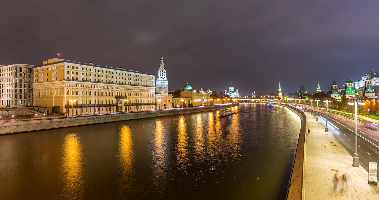 The headquarters of Rosneft, a major Russian energy company, on the Moskva River in Moscow at night. File photo.