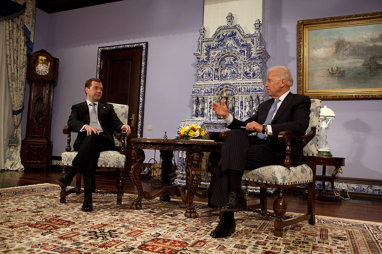 Vice President Joe Biden and Russian President Dmitry Medvedev at the Gorky Dacha outside Moscow, March 9, 2011.
