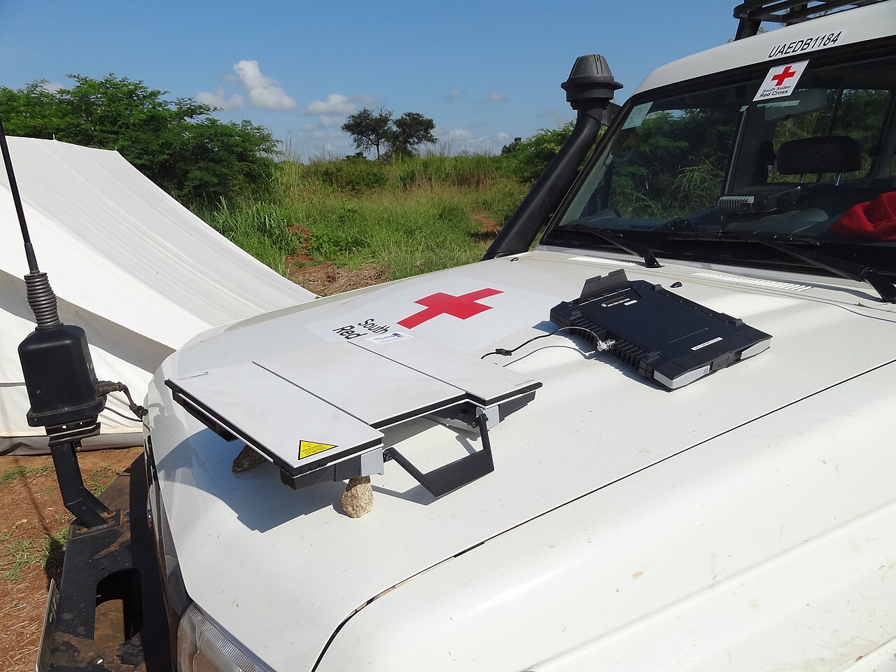 A portable satellite internet modem and antenna.