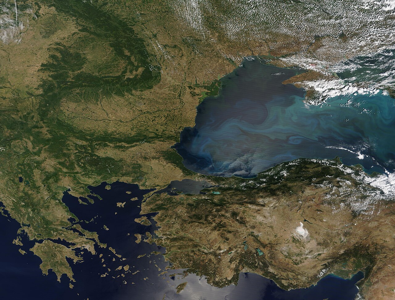 The Black Sea and surrounding Balkans landscape in summer 2022, from satellite data.