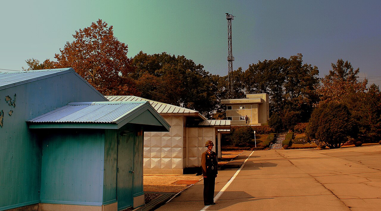 The border between North and South Korea at the demilitarized zone.