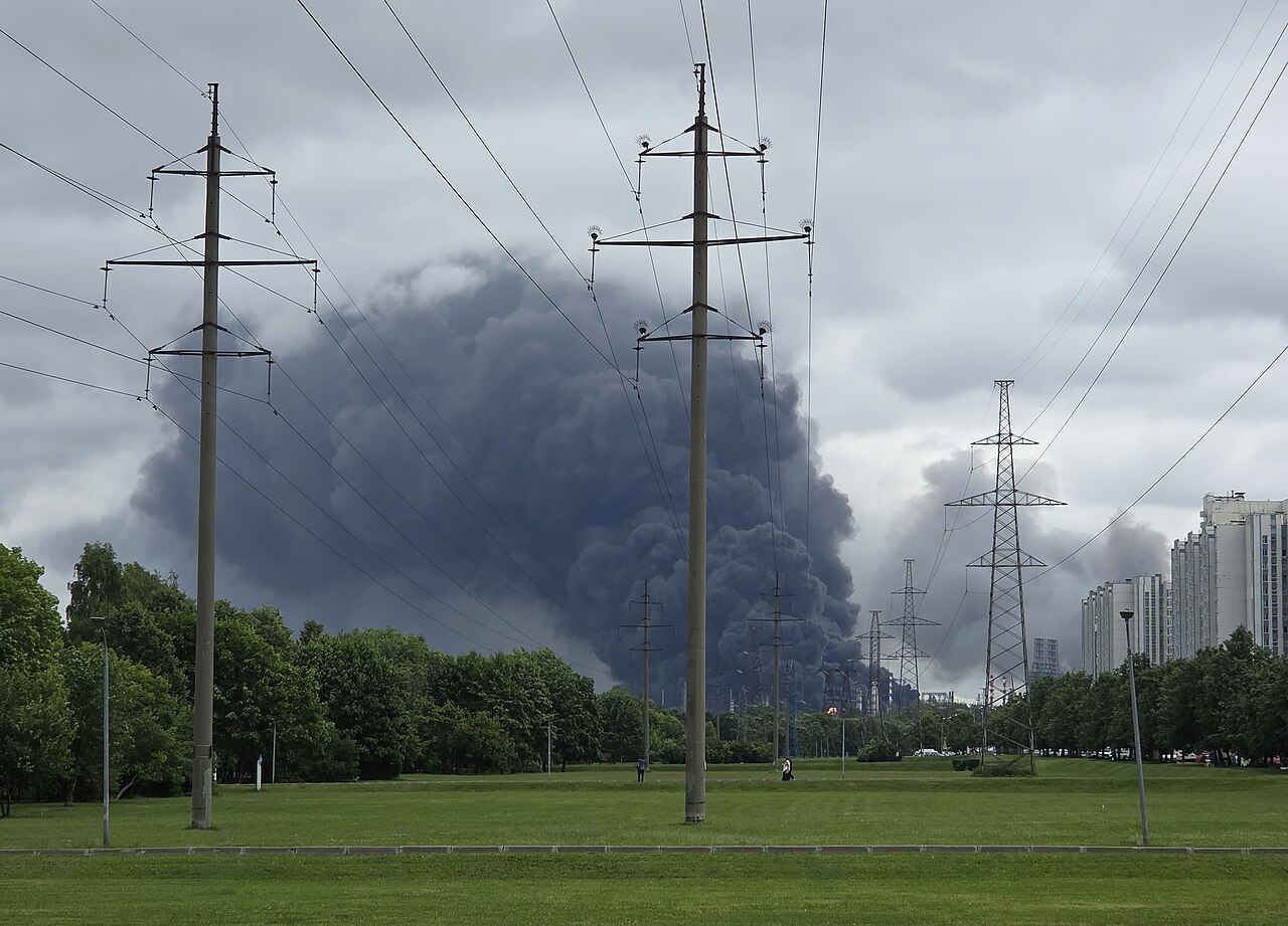 Fire and black smoke at the Moscow Oil Refinery in southeast Moscow