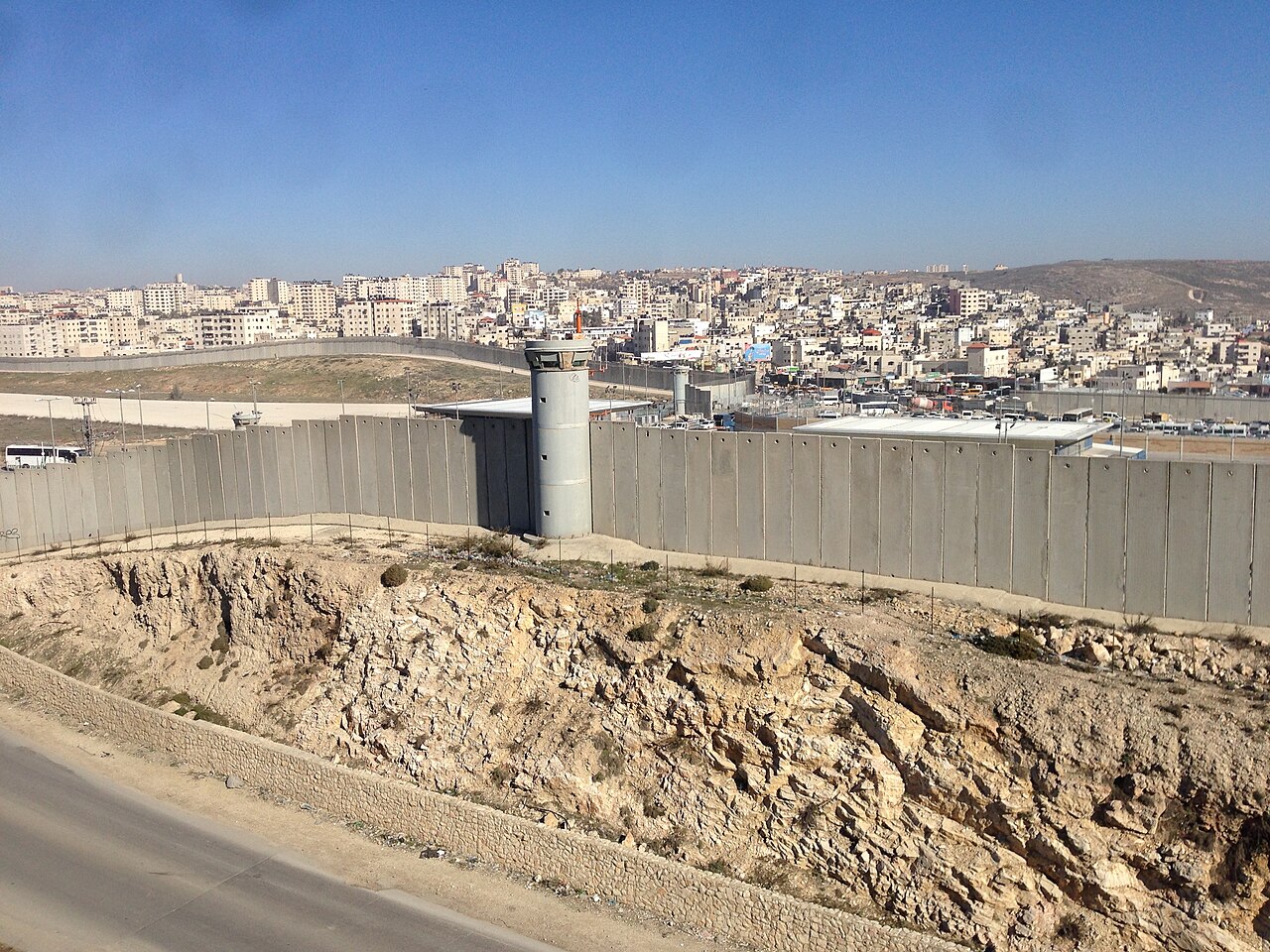 Israeli watchtowers and wall at the Qalandia checkpoint in the occupied West Bank.