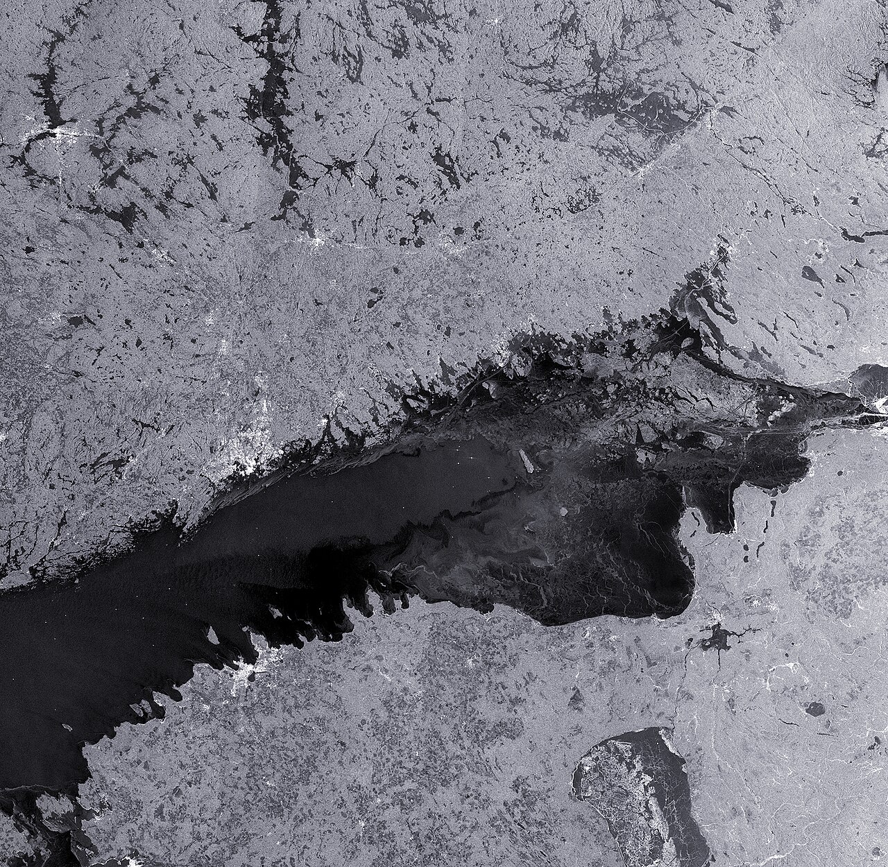 Contains modified Copernicus Sentinel-1B satellite data showing the Gulf of Finland with Estonia along the bottom and Russia to the right.