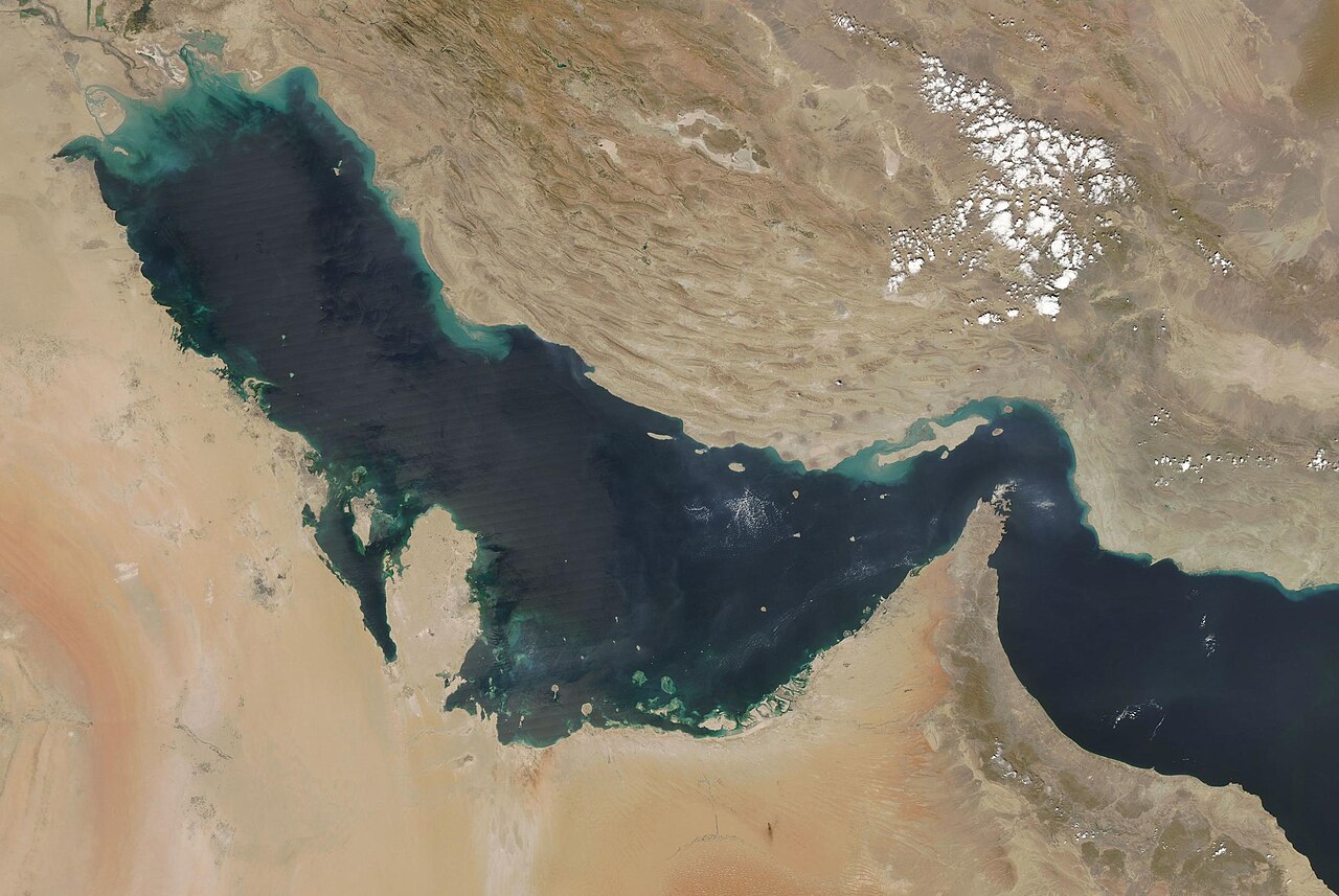 Satellite map showing the Strait of Hormuz linking the Persian Gulf to the Gulf of Oman.
