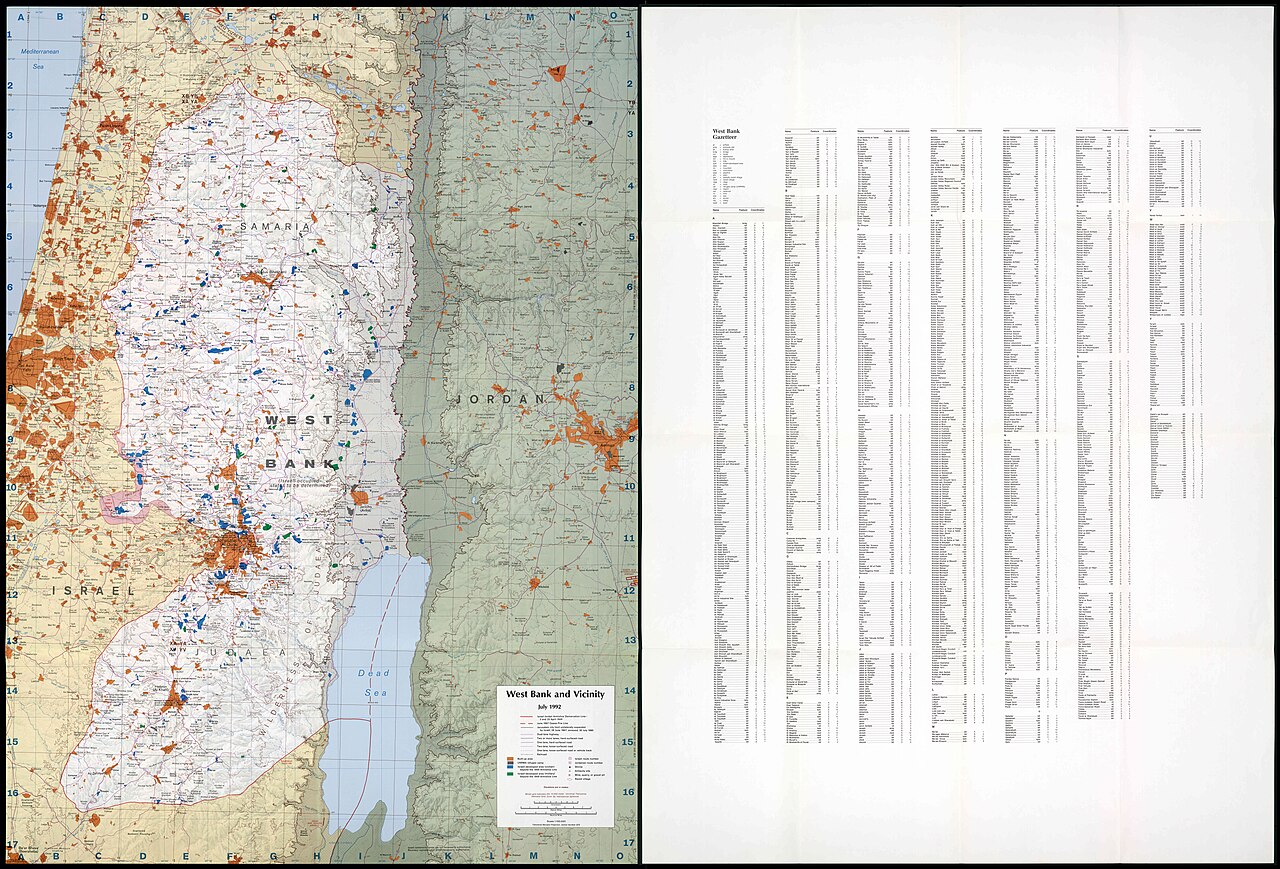 Map of the West Bank and Gaza Strip showing Palestinian places and Israeli settlements.