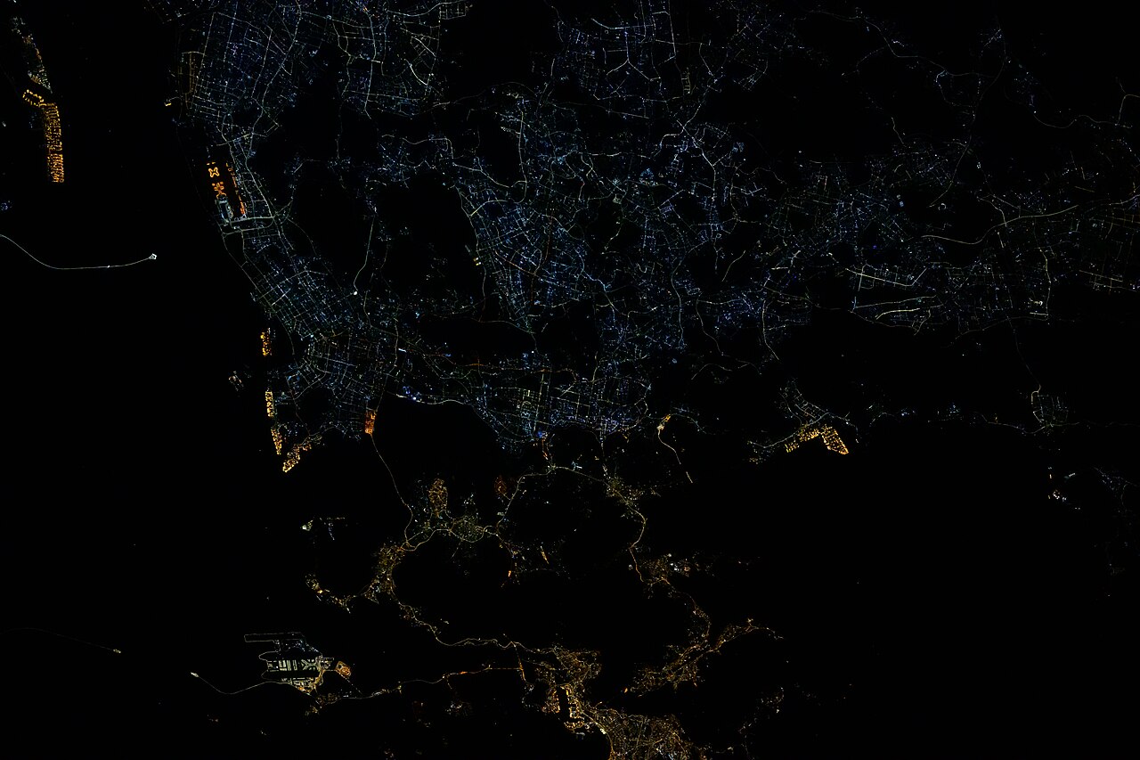 The city lights of Hong Kong and Shenzhen photographed from space.