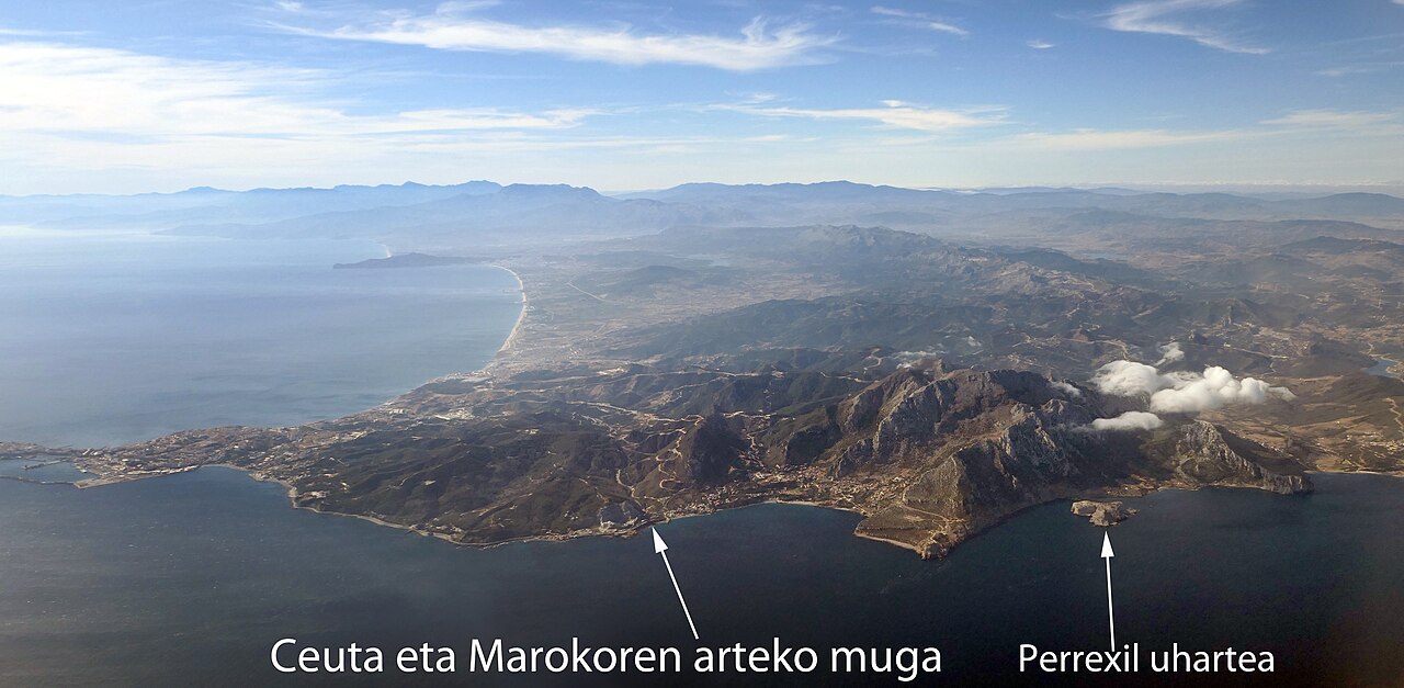 An aerial view showing Ceuta and Morocco, with the Spanish exclave's proximity to Morocco.