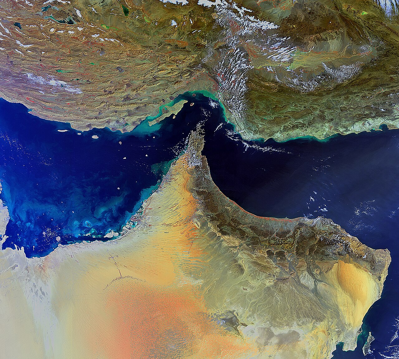Satellite image of the Arabian Peninsula and Strait of Hormuz, linking the Persian Gulf to the Arabian Sea.