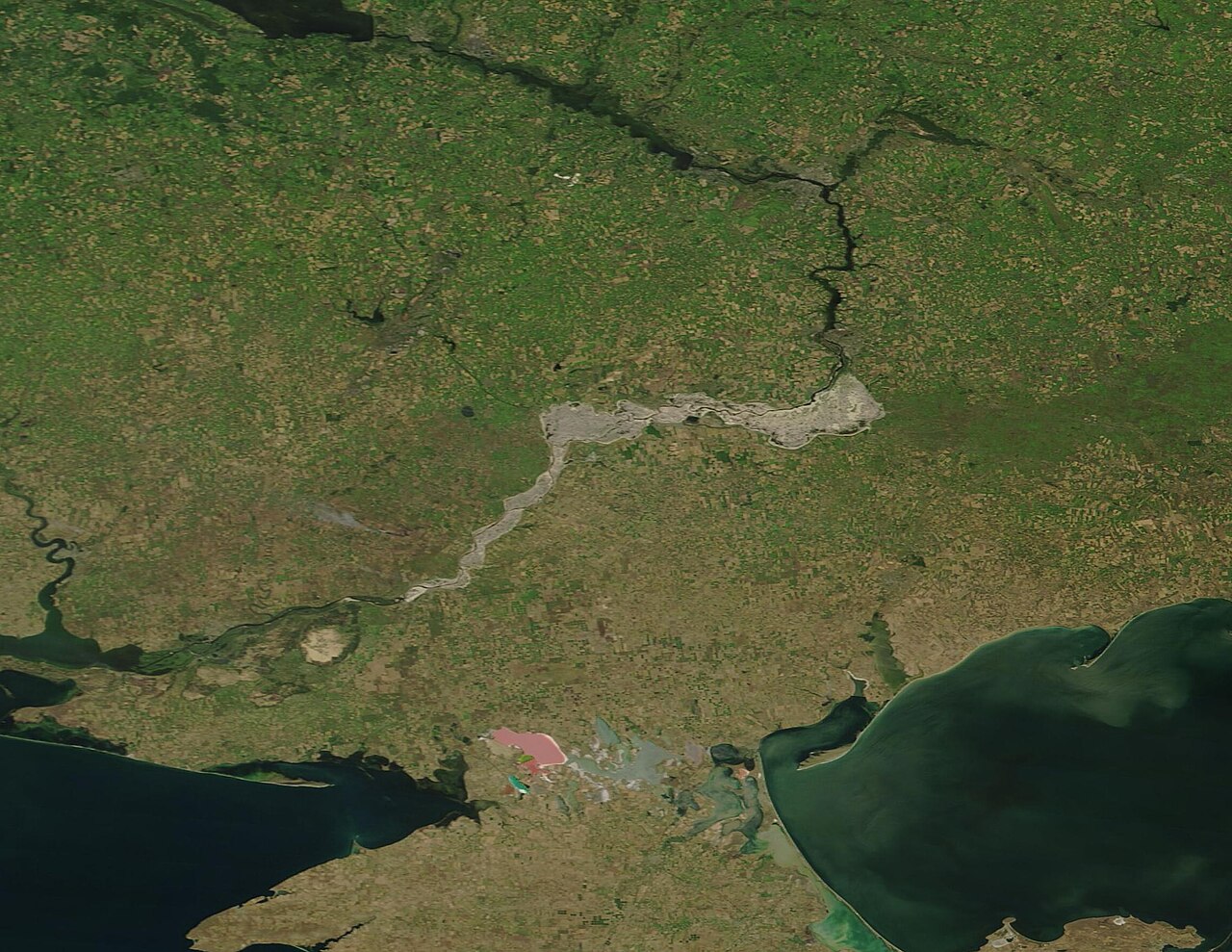 Contains modified Copernicus Sentinel data showing the Kakhovka Reservoir drying up after the dam breach on June 6, 2023, which supplied water to the Zaporizhzhia region. File photo.
