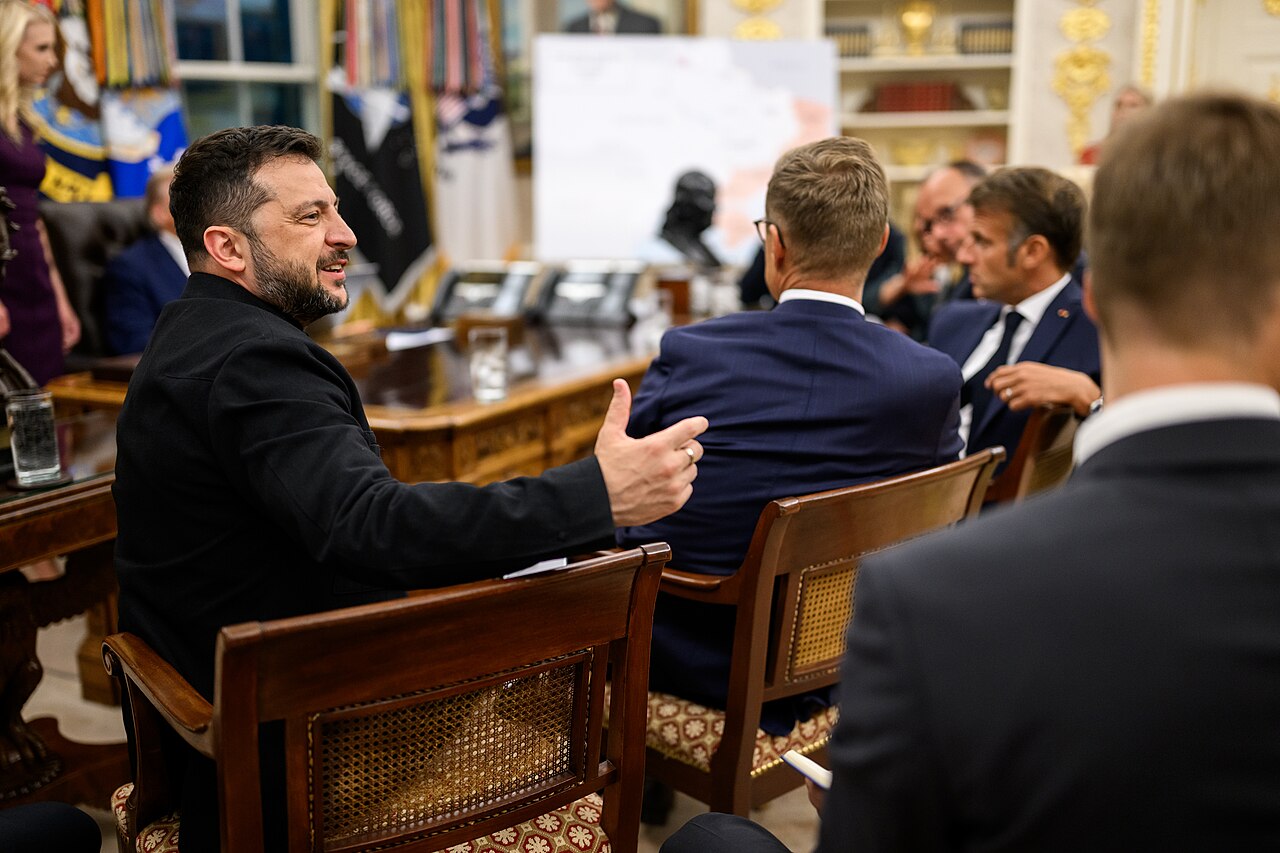 Zelenskyy speaking during a meeting with Trump in the Oval Office.
