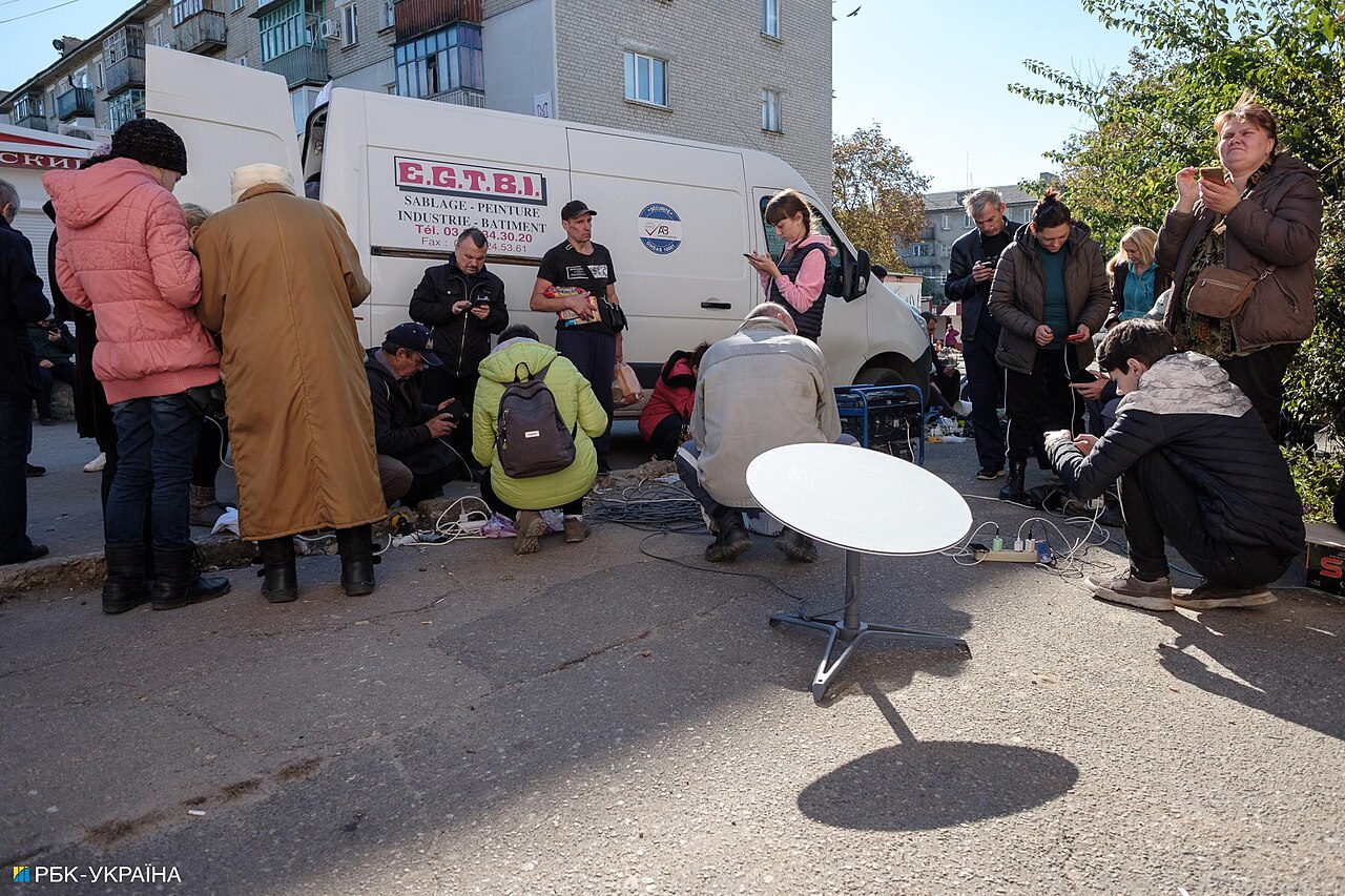 A Starlink satellite dish providing internet to residents in Kupiansk, Ukraine.