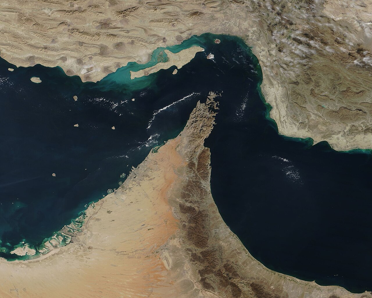 The Strait of Hormuz from above, with the Musandam Peninsula and surrounding coasts where Iran and Oman meet.