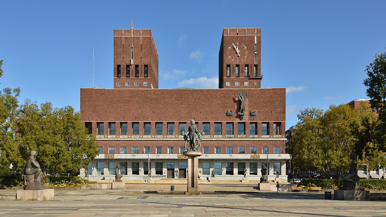 Oslo City Hall and Rådhusplassen in Oslo, Norway.