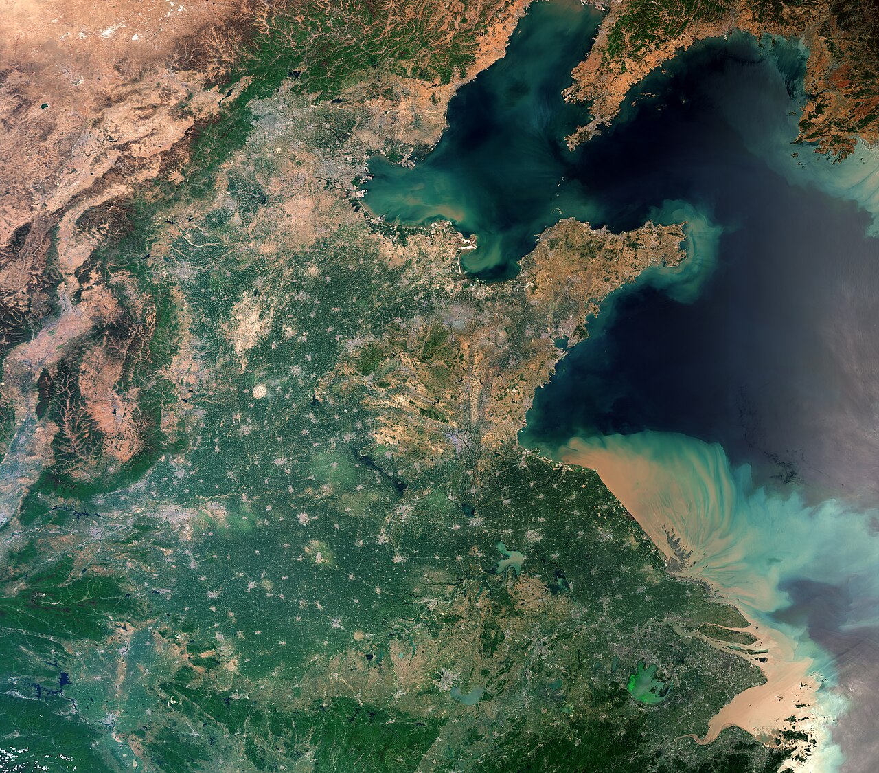 Satellite image of Shanghai's container ports on the Yangtze River delta.
