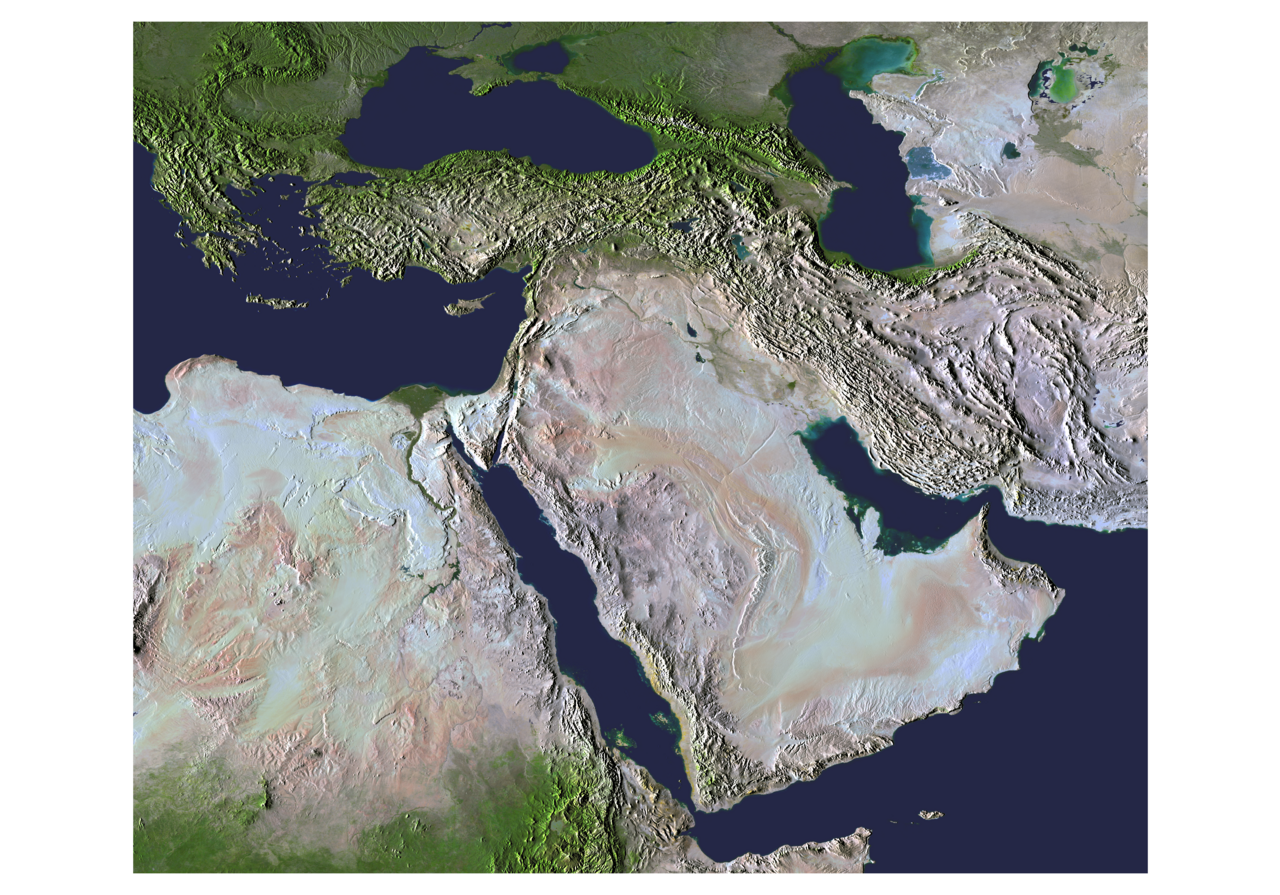 Satellite relief map of the Middle East.