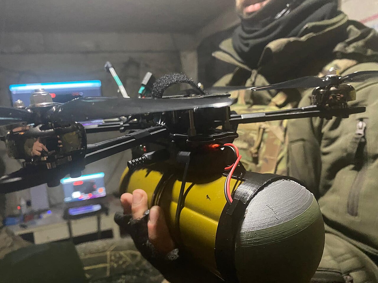 A Ukrainian quadcopter-based bomber used by the 72nd Black Zaporozhians Brigade
