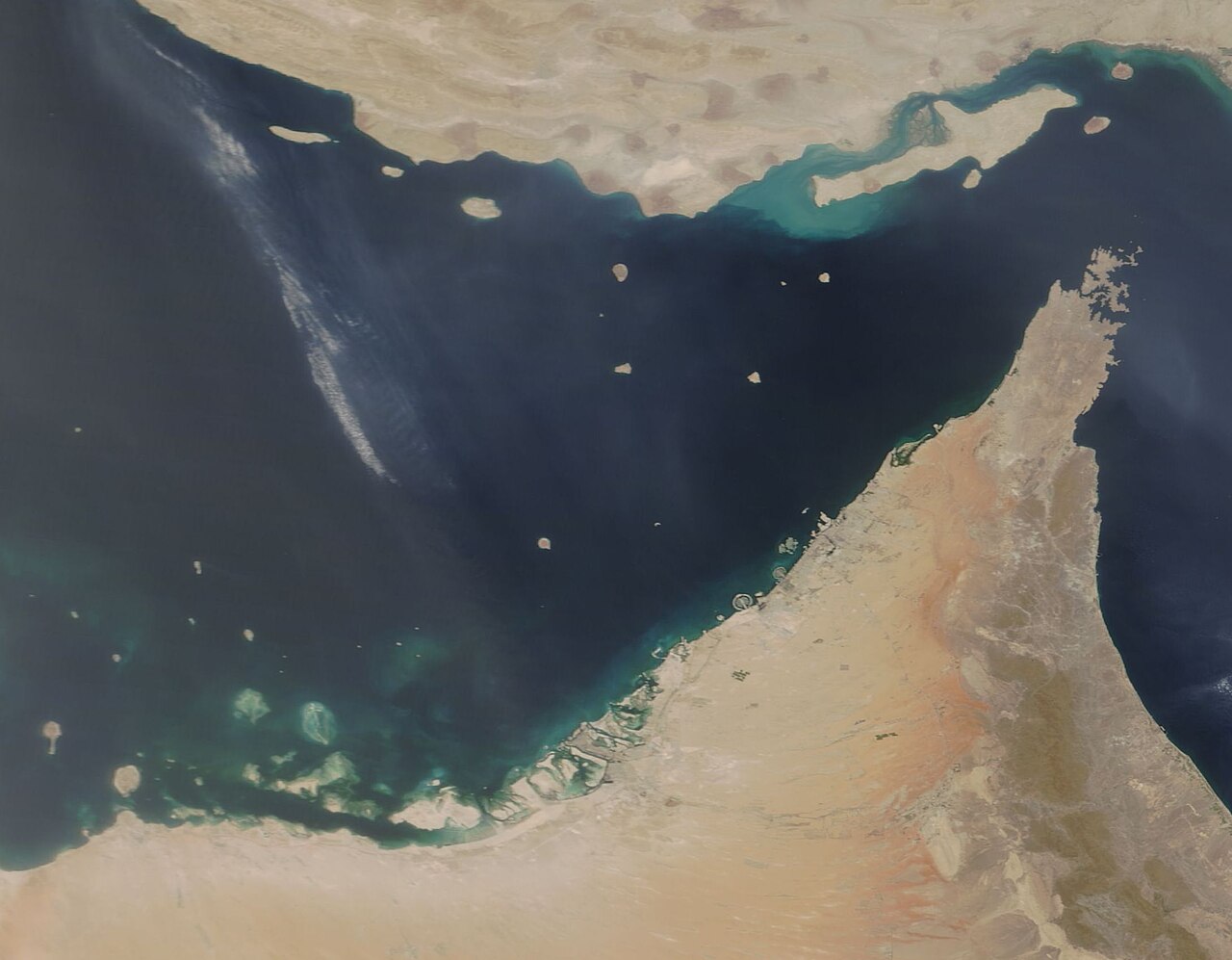 The Persian Gulf, Strait of Hormuz and Gulf of Oman separating Iran and the United Arab Emirates, a satellite file photo.