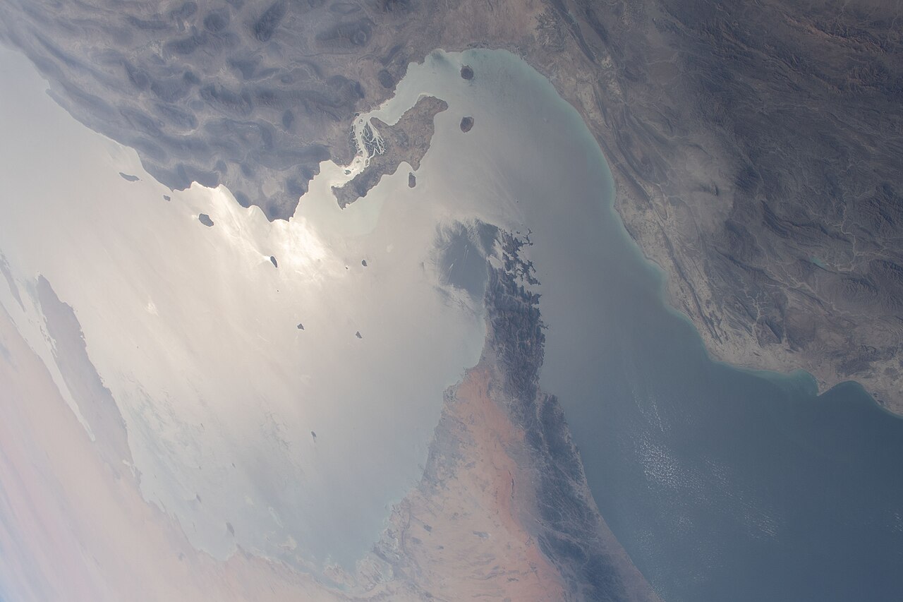 The Strait of Hormuz separating the United Arab Emirates and Iran in a satellite image.