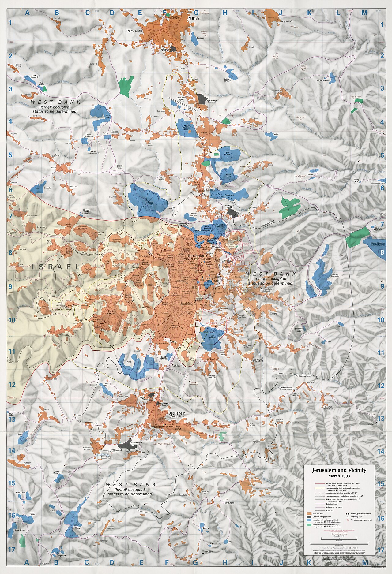 Map of Jerusalem and vicinity showing Israeli settlements as of March 1993.