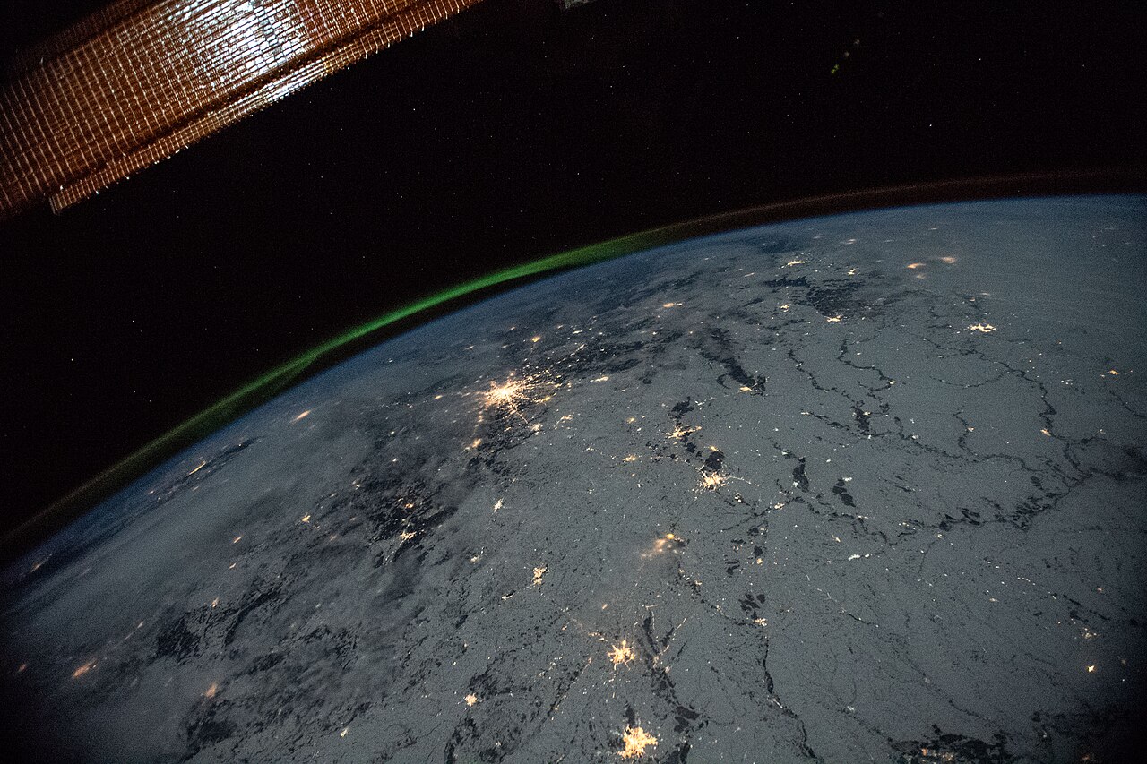 The Earth's limb with aurora over Ukraine and Russia, seen from the International Space Station.