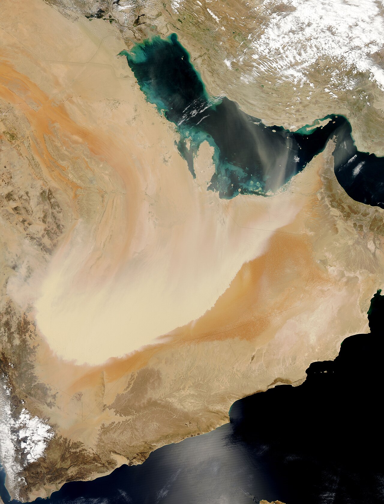 Contains modified NASA Aqua MODIS satellite imagery showing a dust storm across the Arabian Peninsula on March 26, 2011. File photo.