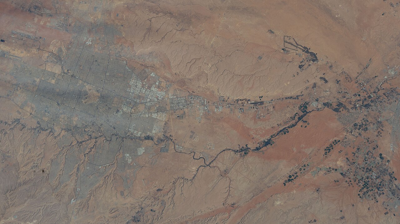 Riyadh photographed from the International Space Station, showing the desert city and its location in the Arabian Peninsula.