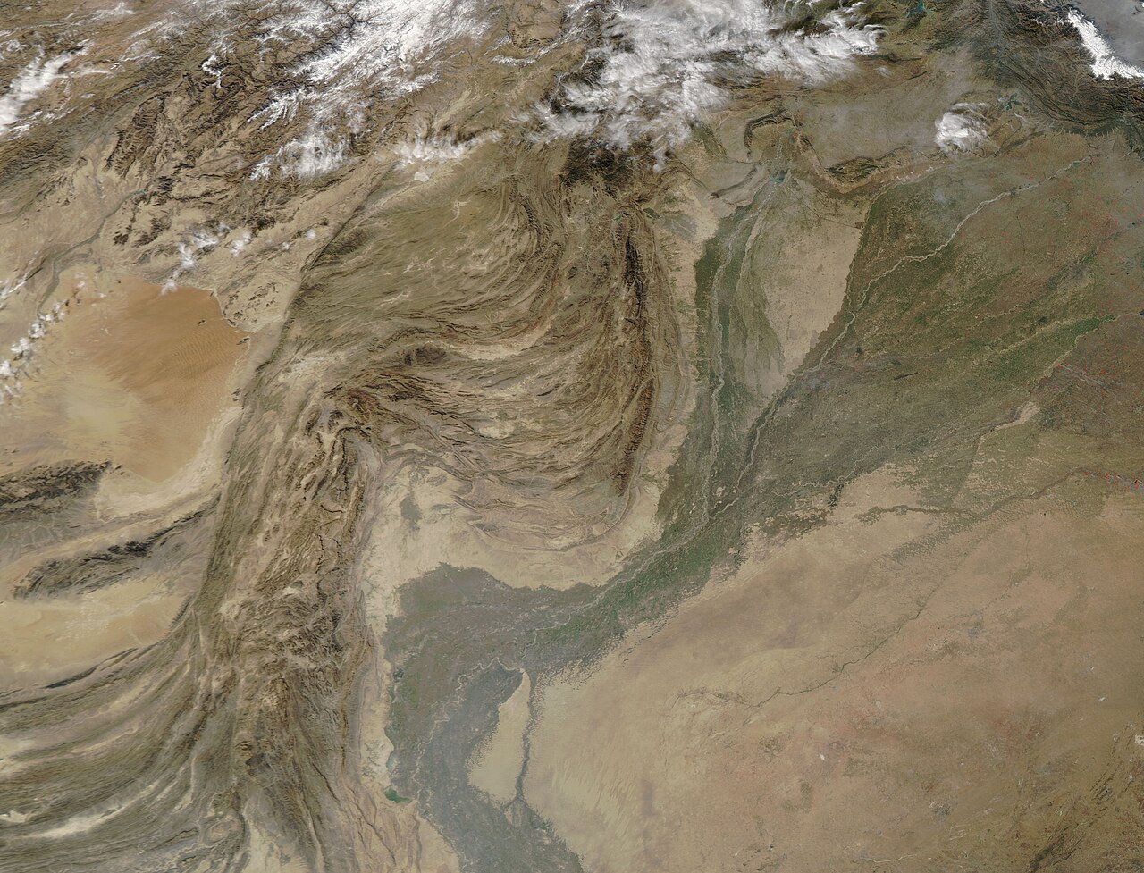 Satellite map of Pakistan and Afghanistan showing the Sulaiman Mountains along their border.