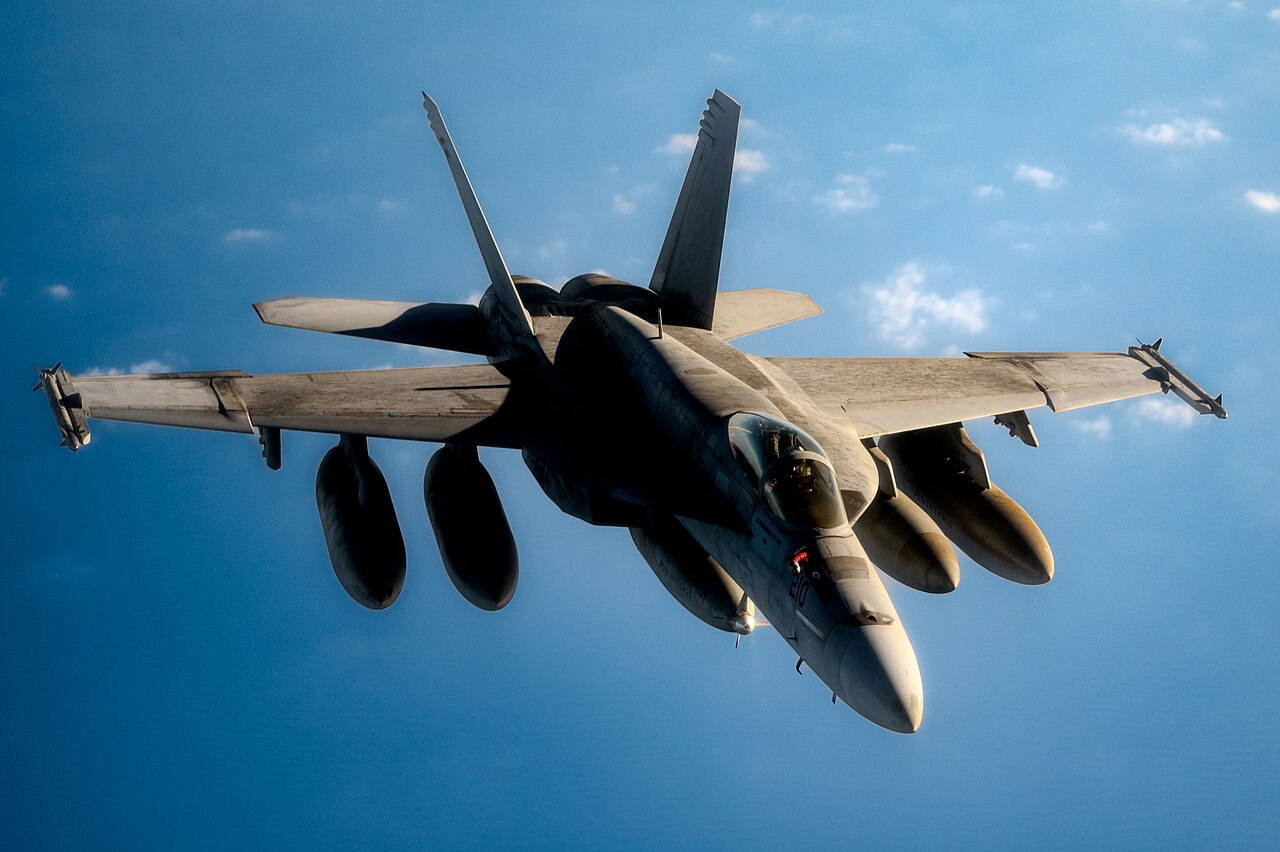 A U.S. Navy F/A-18E Super Hornet flies a mission over the U.S. Central Command area of responsibility including the Strait of Hormuz, February 1, 2025. File photo.