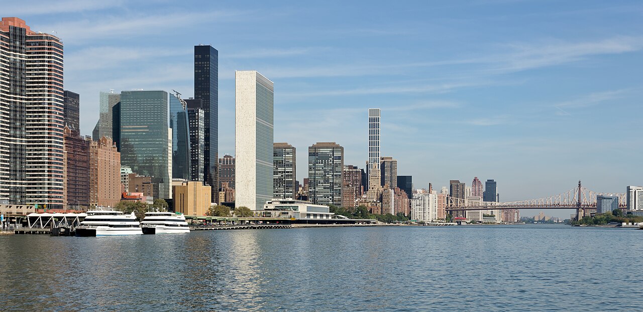 The UN headquarters on the shore of the East River in New York City.