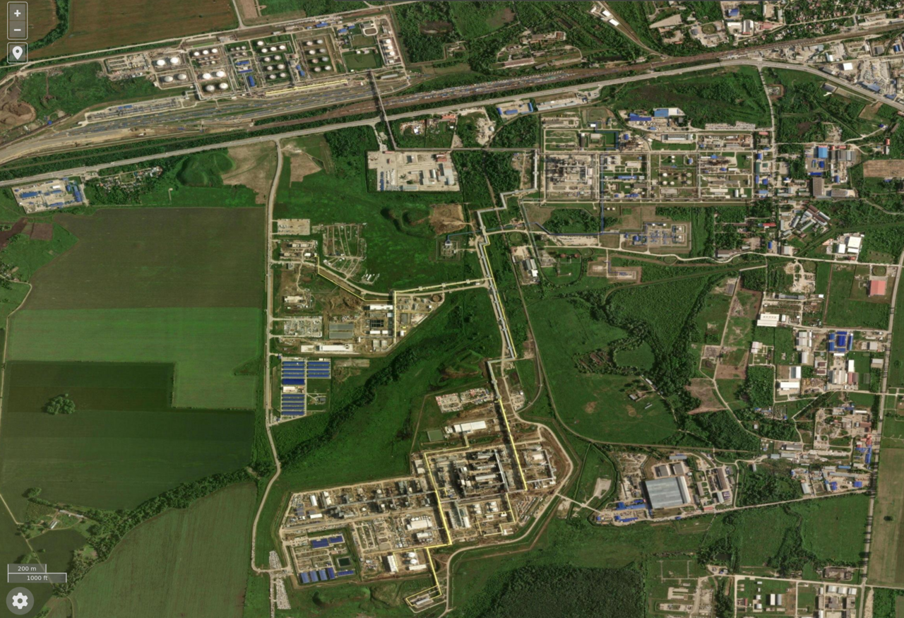 Modified NASA FIRMS imagery showing thermal anomalies at a refinery.