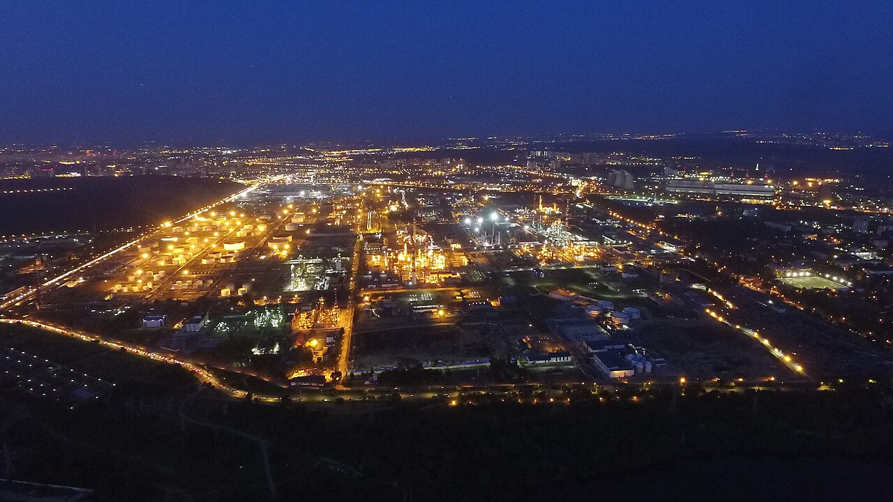 Moscow oil refinery photographed at night from a drone.