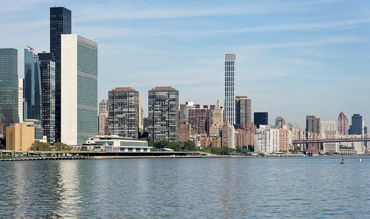 The United Nations Headquarters in New York City on the East River shore.