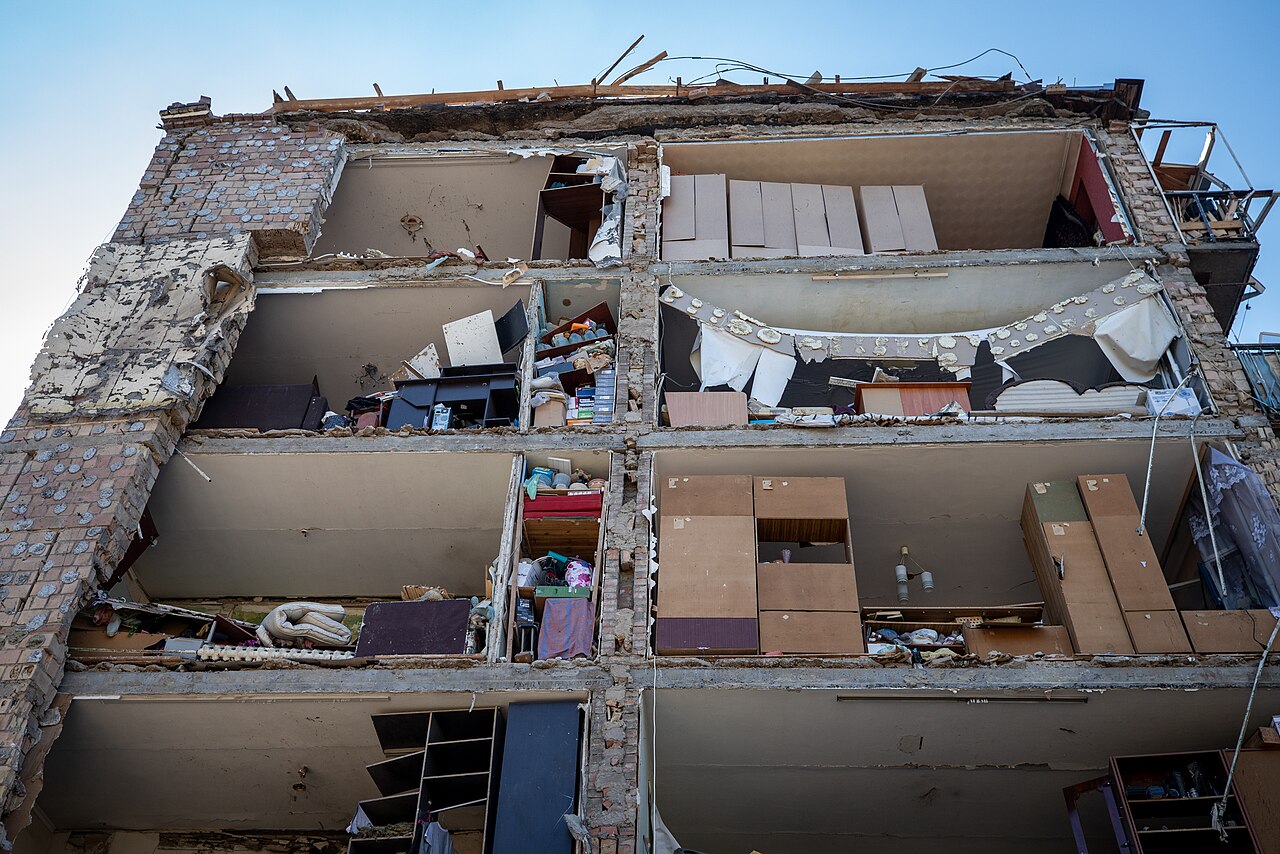 Destruction in Kyiv's Podilskyi District after Russian shelling damaged residential buildings, a kindergarten and a school.